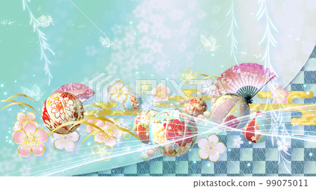 Gorgeous Japanese style background of spring flowers, balls and butterflies 99075011