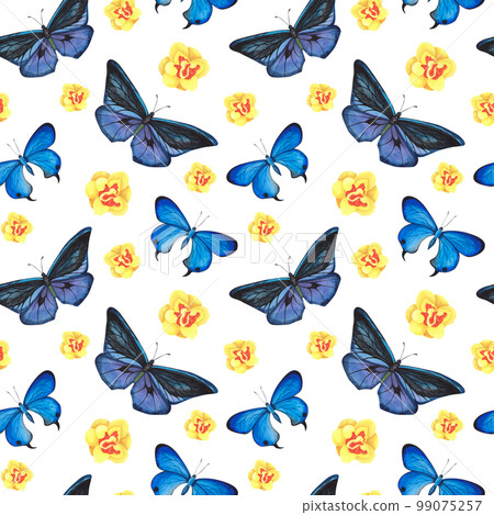 seamless pattern Blue, violet butterfly with daffodils isolated on white. Watercolor illustration for design fabrics 99075257