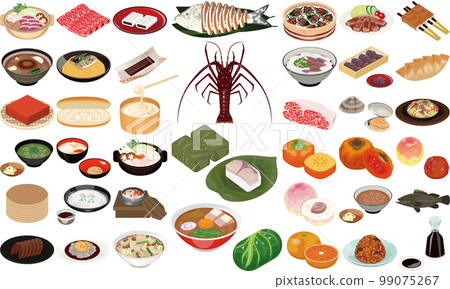 Shiga, Mie, Nara, Wakayama popular gourmet and specialty illustrations (1) (funazushi, spiny lobster, persimmon leaf sushi, Nanko plum) Shiga, Mie, Nara, Wakayama popular gourmet and specialty illustrations (1) (funazushi, spiny lobster, persimmon leaf sushi, Nanko plum) 99075267