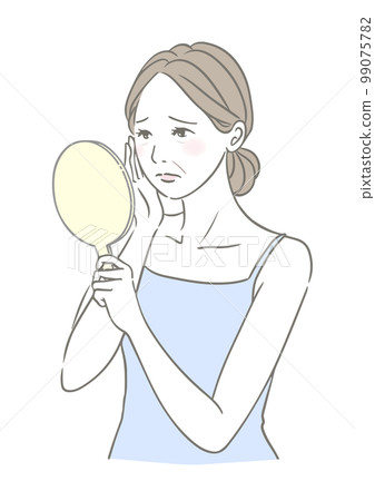 一個為皮膚問題、微笑紋、衰老跡象而悲傷的女人 一個為皮膚問題、微笑紋、衰老跡象而悲傷的女人 99075782