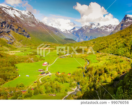 Above idyllic Geiranger countryside valley dramatic landscape, Norway 99076056