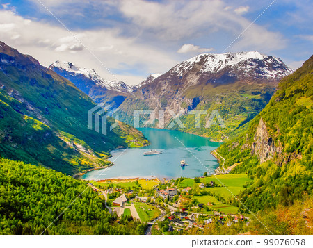 Above idyllic Geiranger fjord dramatic landscape, Norway 99076058