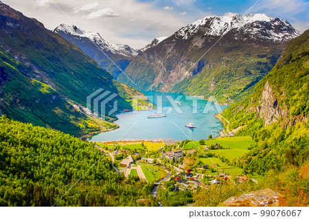 Above idyllic Geiranger fjord dramatic landscape, Norway Above idyllic Geiranger fjord dramatic landscape, Norway 99076067