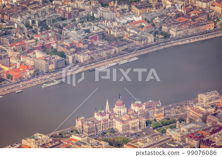Above Budapest and Danube river cityscape at evening , Hungary Above Budapest and Danube river cityscape at evening , Hungary 99076086