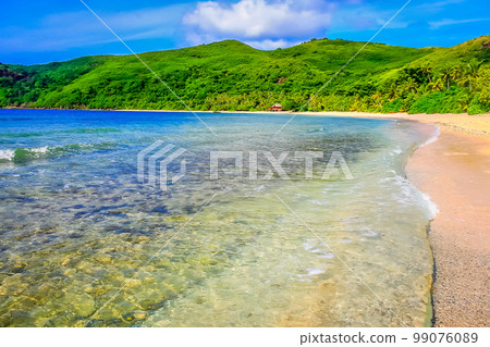 Tropical sandy beach at summer day in Fiji Islands, Pacific ocean Tropical sandy beach at summer day in Fiji Islands, Pacific ocean 99076089