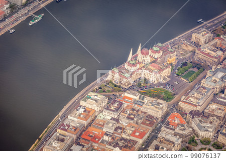 Above Budapest and Danube river cityscape at evening , Hungary Above Budapest and Danube river cityscape at evening , Hungary 99076137