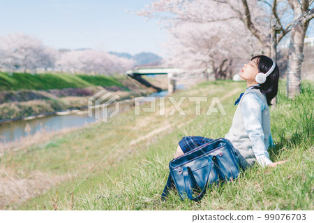 High school students listening to music under the cherry tree 99076703
