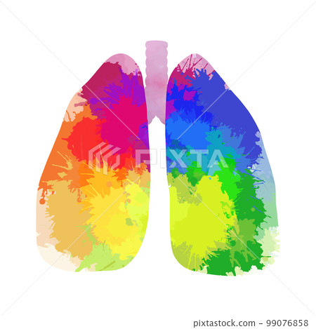 Rainbow watercolor illustration of human lungs isolated from background. Paint drawing human body organ with colorful splashes and sprays. Rainbow watercolor illustration of human lungs isolated from background. Paint drawing human body organ with colorful splashes and sprays. 99076858