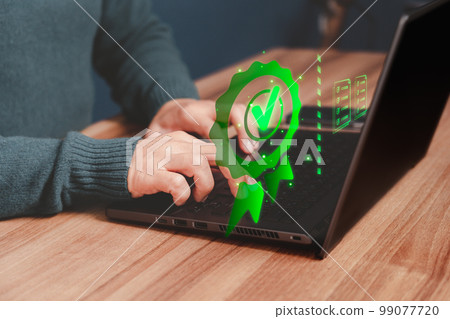 Man working with sign of the top service quality assurance on virtual screen. Guarantee, Standards, ISO certification and standardization concept. 99077720