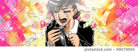A wide illustration of a Showa retro-style girl cartoon black-haired boy crying with joy from a side job part-time job earned with a smartphone A wide illustration of a Showa retro-style girl cartoon black-haired boy crying with joy from a side job part-time job earned with a smartphone 99078004