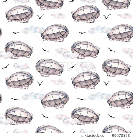 Retro aerostat vintage style watercolor seamless pattern isolated on white. 99078558
