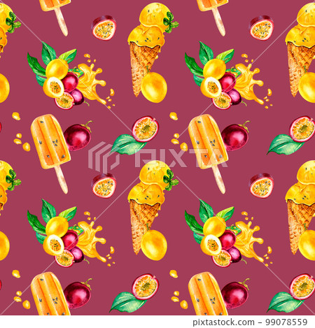 Purple, yellow maracuja and ice-cream watercolor seamless pattern isolated on magenta background. 99078559