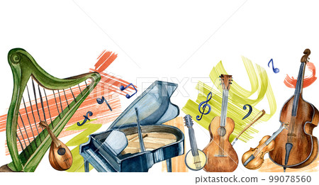 Board of classical musical instruments and paint stroke watercolor illustration isolated. 99078560