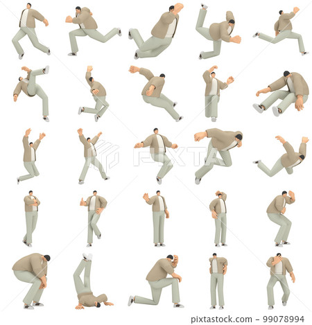 A man with glasses wearing brown cloth is expression of body or doing exercise. 3d rendering of cartoon character in acting. 99078994