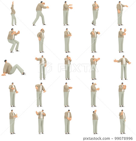 A man with glasses wearing brown cloth is expression of body or doing exercise. 3d rendering of cartoon character in acting. 99078996