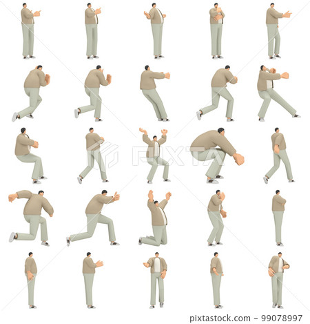 A man with glasses wearing brown cloth is expression of body or doing exercise. 3d rendering of cartoon character in acting. 99078997