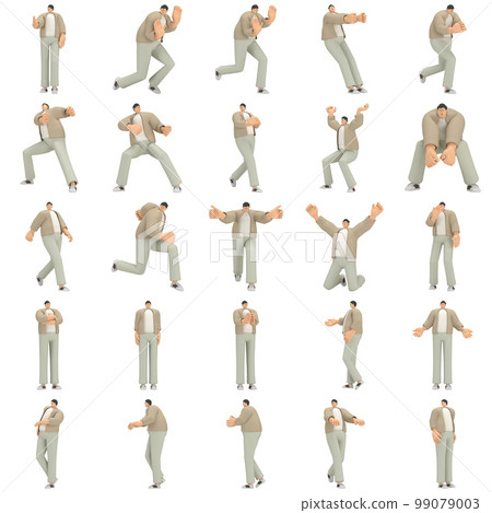 A man with glasses wearing brown cloth is expression of body or doing exercise. 3d rendering of cartoon character in acting. 99079003