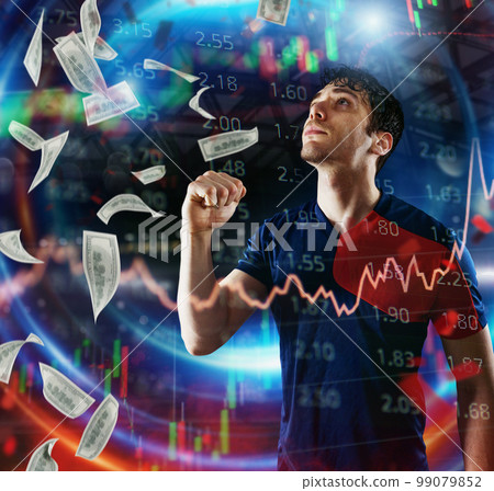 Soccer striker rejoices for the victory with money. online bet Soccer striker rejoices for the victory with money. online bet 99079852