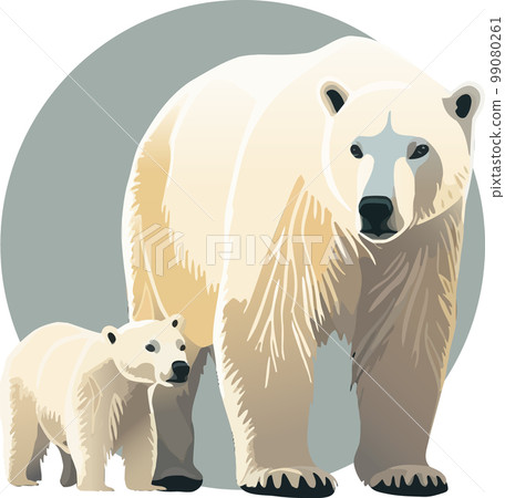 The white bear and her cub bear walks through the snow. Mother and child. The glacier, snow-covered plains. Starry night in the North. Landscapes of the Arctic. Vector illustration The white bear and her cub bear walks through the snow. Mother and child. The glacier, snow-covered plains. Starry night in the North. Landscapes of the Arctic. Vector illustration 99080261