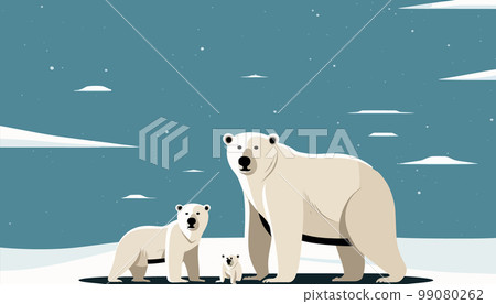 The white bear and her cub bear walks through the snow. Mother and child. The glacier, snow-covered plains. Starry night in the North. Landscapes of the Arctic. Vector illustration 99080262
