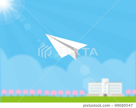 Paper plane flying towards the sun _ background school and cherry blossoms Paper plane flying towards the sun _ background school and cherry blossoms 99080547