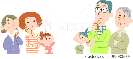 A three-generation family facing each other and thinking No outline A three-generation family facing each other and thinking No outline 99080629