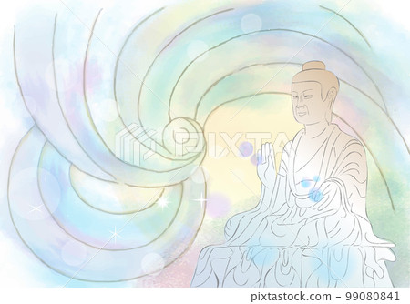 Horyu-ji Temple in the image of a rainbow Yakushi Nyorai seated statue and light background 99080841