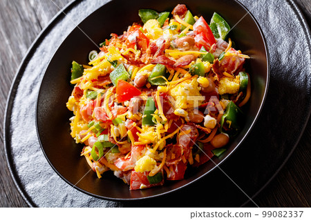 pinto beans bacon pepper cornbread salad, top view pinto beans bacon pepper cornbread salad, top view 99082337