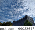 Under the autumn sky, an apartment under construction covered with sheets 99082647