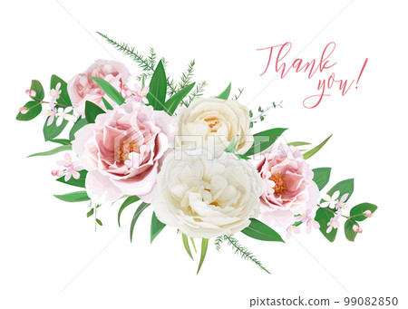 Elegant "thank you" gift card template design. Watercolor pink peonies, cream white rose flowers with tender green leaves bouquet. Floral wedding invite, 8 march greeting card. Editable vector element 99082850