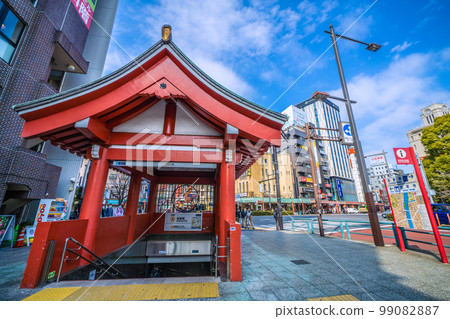 Tokyo cityscape in Japan Tokyo Metro Ginza Line Asakusa Station (entrance) with Sensoji Temple as a motif Tokyo cityscape in Japan Tokyo Metro Ginza Line Asakusa Station (entrance) with Sensoji Temple as a motif 99082887