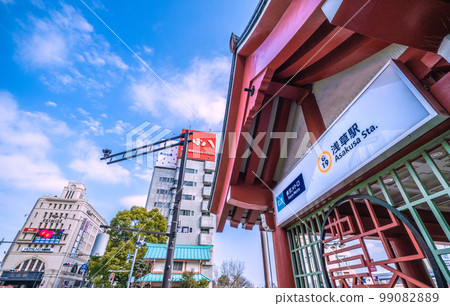 Tokyo cityscape in Japan Tokyo Metro Ginza Line Asakusa Station (entrance) with Sensoji Temple as a motif 99082889