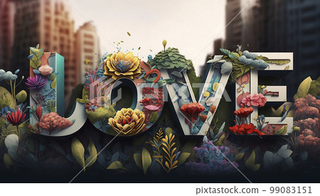 Floral Love, Stunning Display of Flowers Spell Out the Word of LOVE. AI generative. Floral Love, Stunning Display of Flowers Spell Out the Word of LOVE. AI generative. 99083151