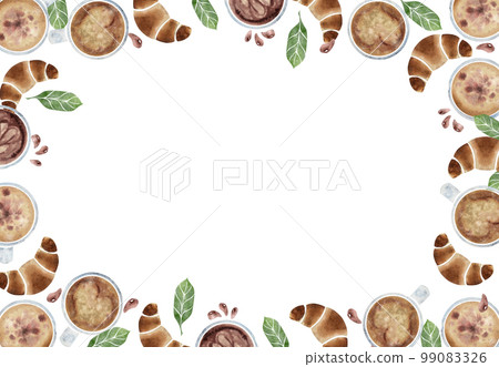 Watercolor hand drawn circle frame wreath with capuccino coffee cups, leaves, beans, croissants. Isolated on white background. For invitations, cafe, restaurant food menu, print, website, cards 99083326