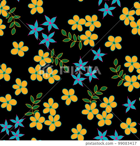 Seamless Repeat Pattern with Flowers and Leaves on black background. Hand drawn fabric, gift wrap, wall art design. Seamless Repeat Pattern with Flowers and Leaves on black background. Hand drawn fabric, gift wrap, wall art design. 99083417