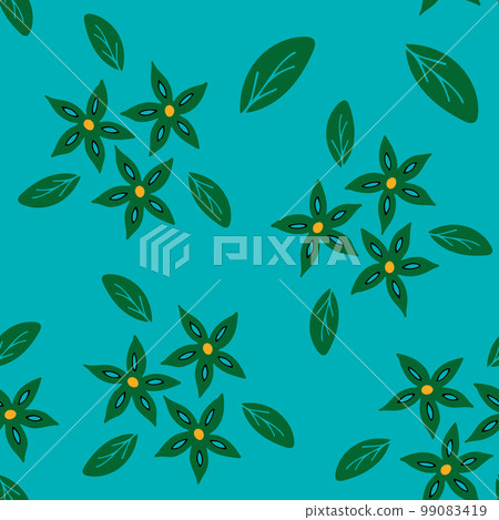 Seamless Repeat Pattern with Flowers and Leaves on Blue background. Hand drawn fabric, gift wrap, wall art design. Seamless Repeat Pattern with Flowers and Leaves on Blue background. Hand drawn fabric, gift wrap, wall art design. 99083419