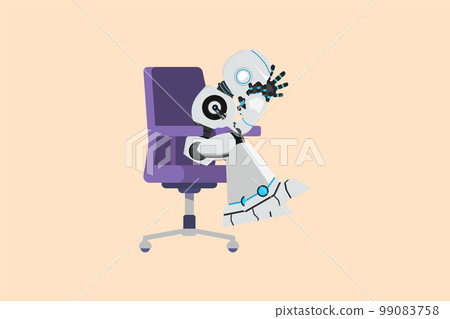 Business flat drawing depressed robot holding his head sitting alone on the chair. Regret on business mistake. Humanoid robot cybernetic. Future robotic development. Cartoon design vector illustration Business flat drawing depressed robot holding his head sitting alone on the chair. Regret on business mistake. Humanoid robot cybernetic. Future robotic development. Cartoon design vector illustration 99083758