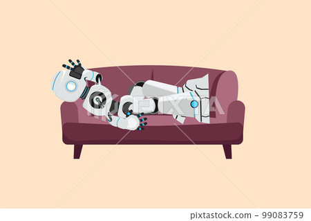Business design drawing depressed robot tired rest on sofa. Frustrated worker holding head lying on sofa. Future technology development. Artificial intelligence. Flat cartoon style vector illustration Business design drawing depressed robot tired rest on sofa. Frustrated worker holding head lying on sofa. Future technology development. Artificial intelligence. Flat cartoon style vector illustration 99083759