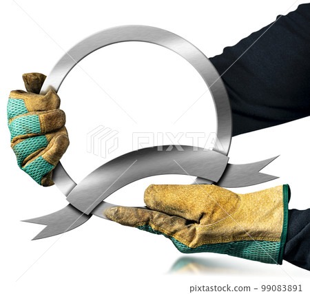 Gloved Hands Holding a Round Metal Sign with Empty Ribbon 99083891