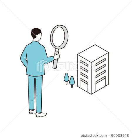 A man looking for a job looking at a company with a magnifying glass 99083948