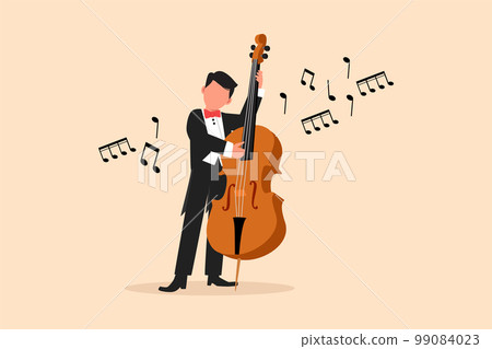 Business flat cartoon drawing double bass player standing with big string instrument. Man musician playing classical music with fingers. Professional contrabassist. Graphic design vector illustration Business flat cartoon drawing double bass player standing with big string instrument. Man musician playing classical music with fingers. Professional contrabassist. Graphic design vector illustration 99084023