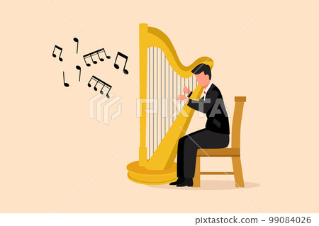 Business flat style drawing man musician playing harp. Classical music performer character with musical instrument. Male sitting on chair and playing harp. Cartoon design graphic vector illustration Business flat style drawing man musician playing harp. Classical music performer character with musical instrument. Male sitting on chair and playing harp. Cartoon design graphic vector illustration 99084026