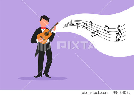Business flat drawing joyful guy playing on ukulele and singing having fun. Male musician holding small guitar and singing. Man play on musical instrument. Cartoon character design vector illustration Business flat drawing joyful guy playing on ukulele and singing having fun. Male musician holding small guitar and singing. Man play on musical instrument. Cartoon character design vector illustration 99084032
