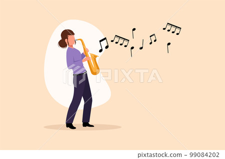 Business flat cartoon style drawing saxophonist. Jazz or blues musician, woman plays saxophone. Female performer in festival jazz music, jazz band performances. Graphic design vector illustration Business flat cartoon style drawing saxophonist. Jazz or blues musician, woman plays saxophone. Female performer in festival jazz music, jazz band performances. Graphic design vector illustration 99084202