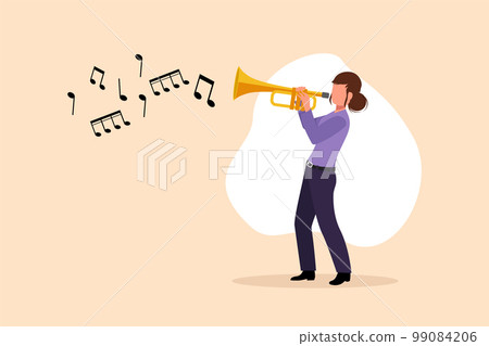 Business flat drawing woman playing trumpet. Music instrumental. Jazz musician playing trumpet instrument. Trumpet player. Orchestra performer. Music performance. Cartoon design vector illustration 99084206