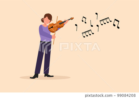 Business design drawing woman musician playing violin. Classical music performer with musical instrument. Female musician playing violin at music festival. Flat draw cartoon style vector illustration 99084208