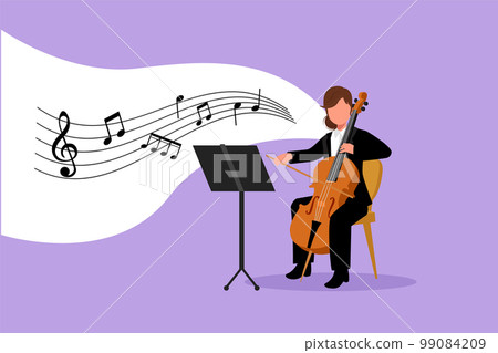 Business flat drawing young talented female performer playing on contrabass. Cellist woman playing cello, musician playing classical music instrument. Cartoon character design vector illustration 99084209