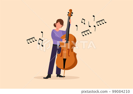 Business flat drawing double bass player standing with big string instrument. Woman musician playing classical music with fingers. Professional contrabassist. Cartoon style design vector illustration 99084210
