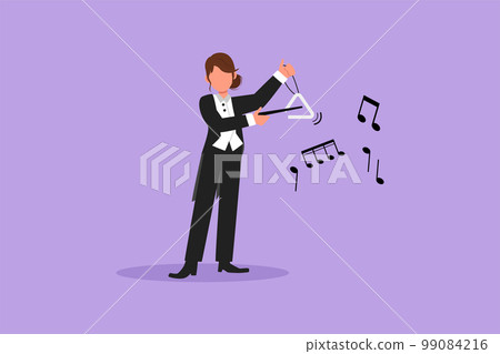 Business flat cartoon style draw woman musician playing musical triangle. Classical orchestra artist with music instrument. Professional musician performs on stage. Graphic design vector illustration 99084216