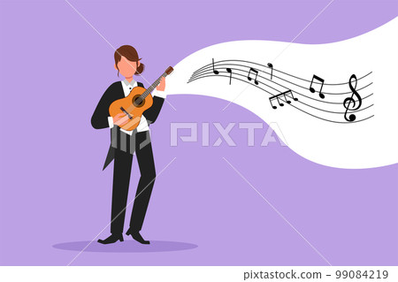 Business flat cartoon style drawing joyful girl playing on ukulele and singing. Female musician holding small guitar and singing. Woman play on musical instrument. Graphic design vector illustration Business flat cartoon style drawing joyful girl playing on ukulele and singing. Female musician holding small guitar and singing. Woman play on musical instrument. Graphic design vector illustration 99084219